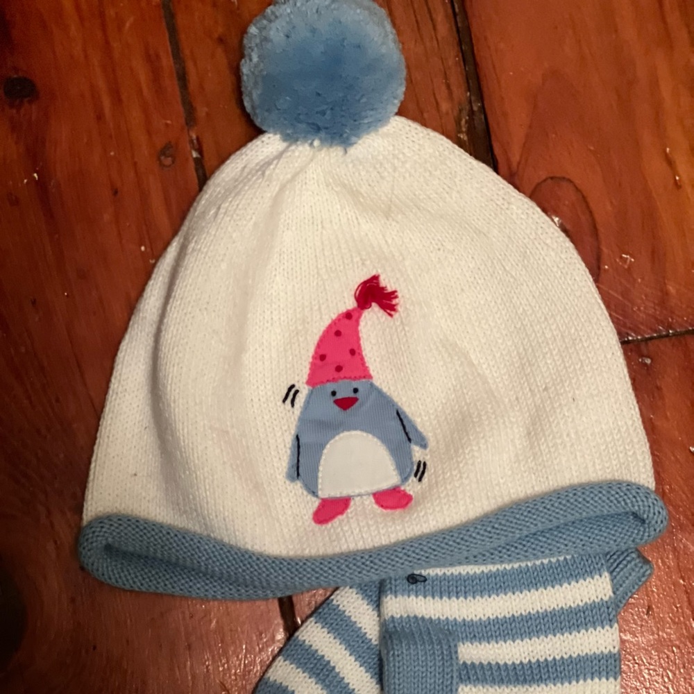 Adorable hat and mitten set with penguin//winter hat and mittens